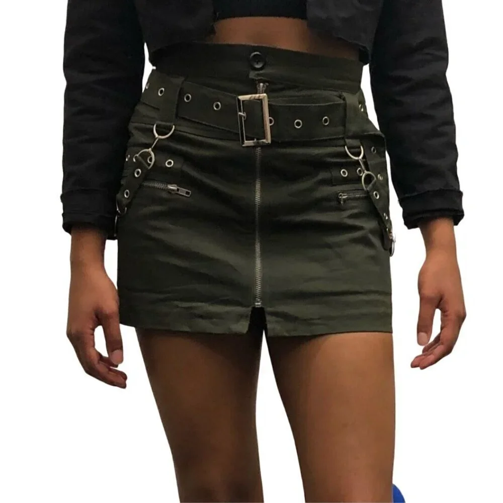 Carmar Los Angeles LF Army Green Goth Punk Emo Chain Embellished Mini Skirt Size
